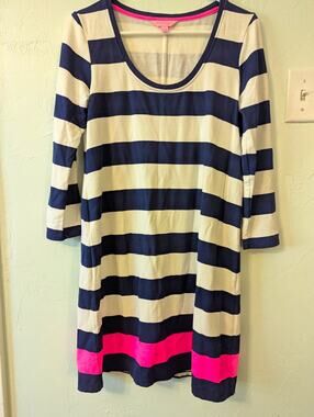 Lilly Pulitzer Shift Knit Dress, Navy/Off White Stripe Pink Colorblock, S, 3/4